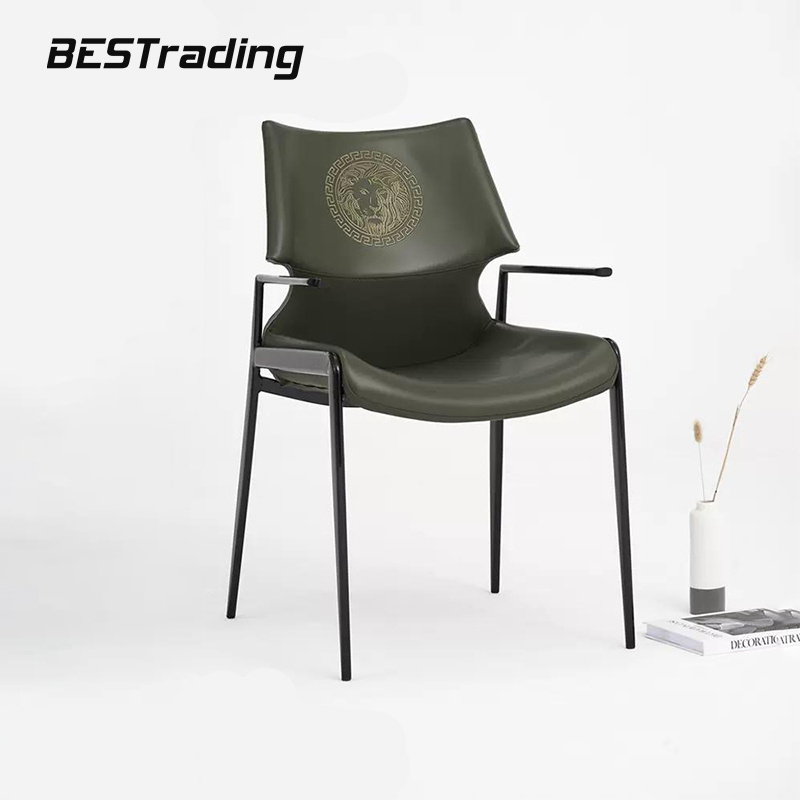 Modern luxury new design dark green saddle leather lion head print comfortable designer dining chair