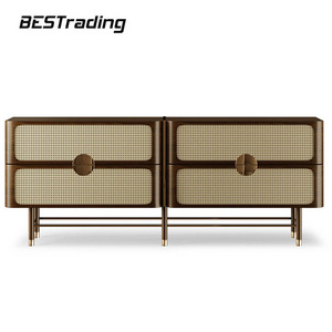 Modern luxury kitchen sideboard living room wooden rattan storage 4-drawer cabinet for home use