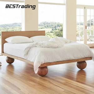 Modern bedroom furniture Walnut color solid wood frame white fabric king size double bed for home