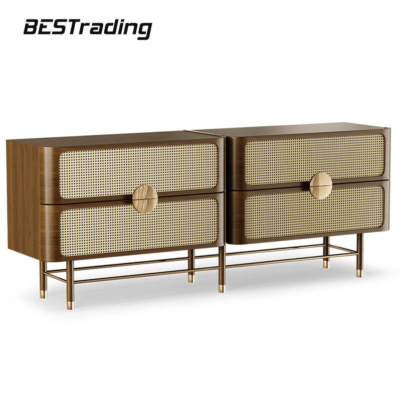 Modern luxury kitchen sideboard living room wooden rattan storage 4-drawer cabinet for home use