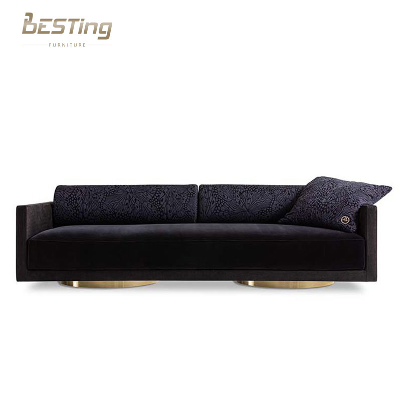 Modern luxence luxury living room furniture office black and gold metal base sectional 3 seater velvet sofa set