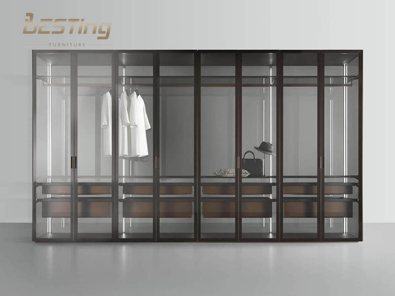 luxury bedroom design mirrored glass transparency door cover freestanding walk-in led wardrobe closet