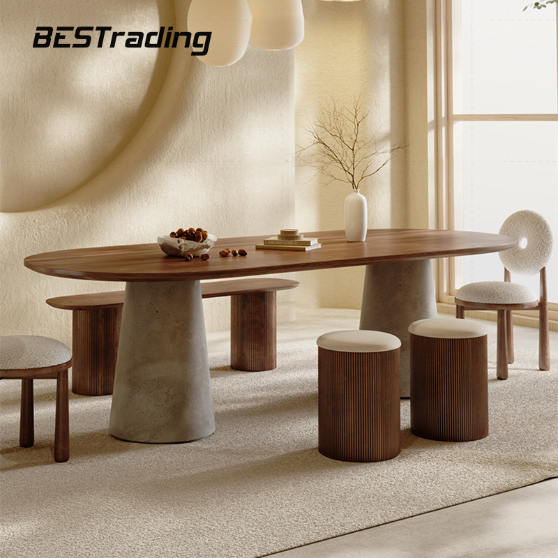 Wabi-Sabi Style Design Oval Solid Item Countertop Concrete Leg Dining Tables