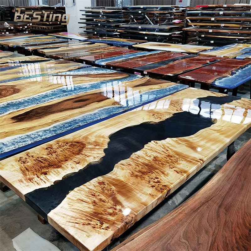 Modern luxury custom solid wood with river epoxy resin top square/round dining table