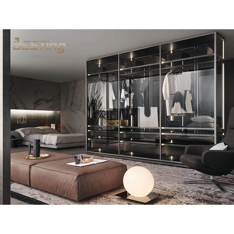 luxury bedroom design mirrored glass transparency door cover freestanding walk-in led wardrobe closet