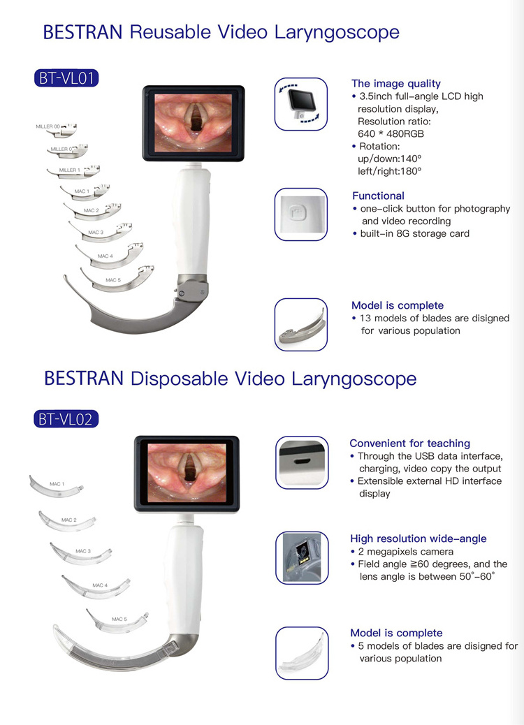 BT-VL01 Hospital Medical Reusable Video Laryngoscope With blades Digital ENT Electronic Optical Endoscope price