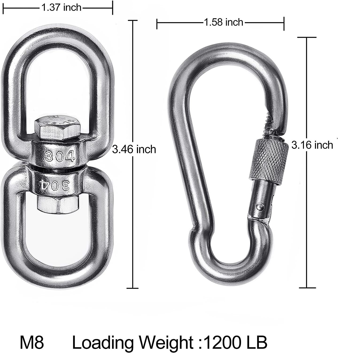 Heavy Duty 304 Stainless Steel Hanging Hook Ring Double Ended Swivel Eye Hook Snap Hooks Web Tree Swing Hanger