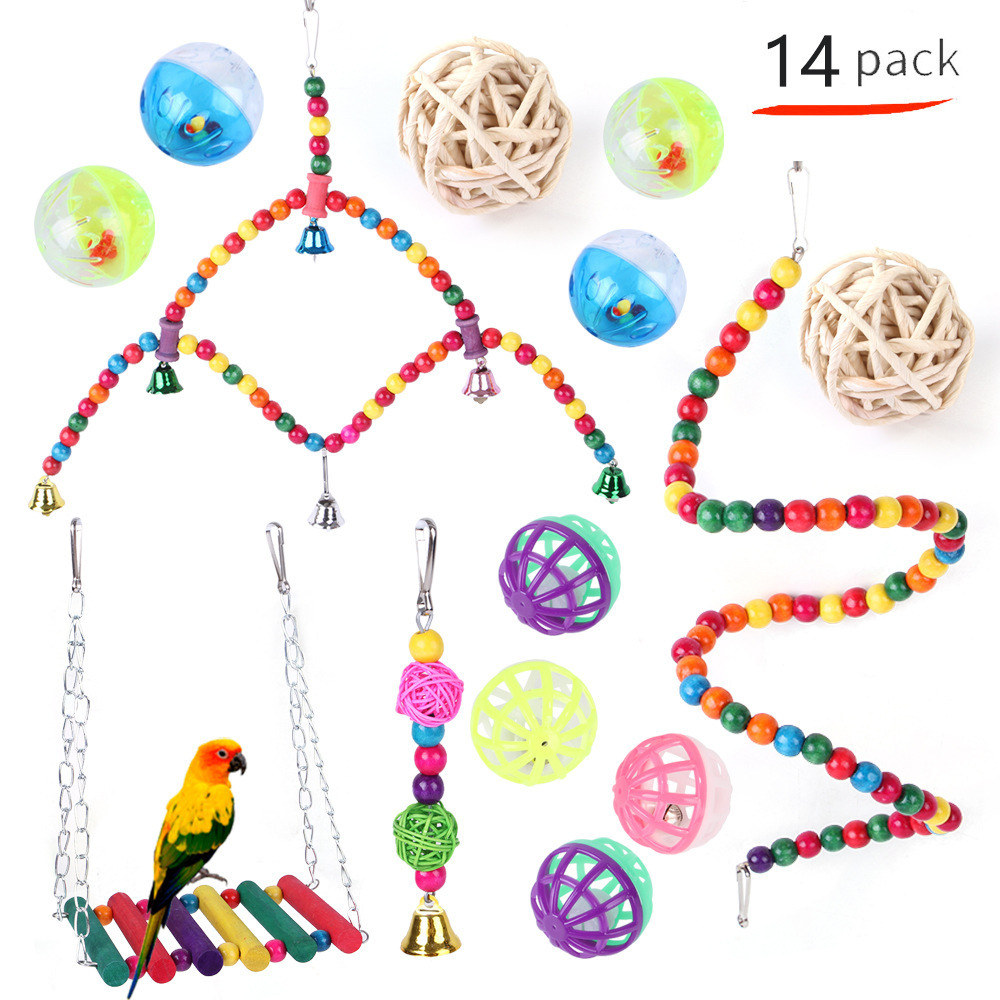 Wholesale Small Medium Pet Bird Toys Set Cockatoos Cage Hanging Toy Parrotlet Swing Climbing Slide Parrot Toys Wood