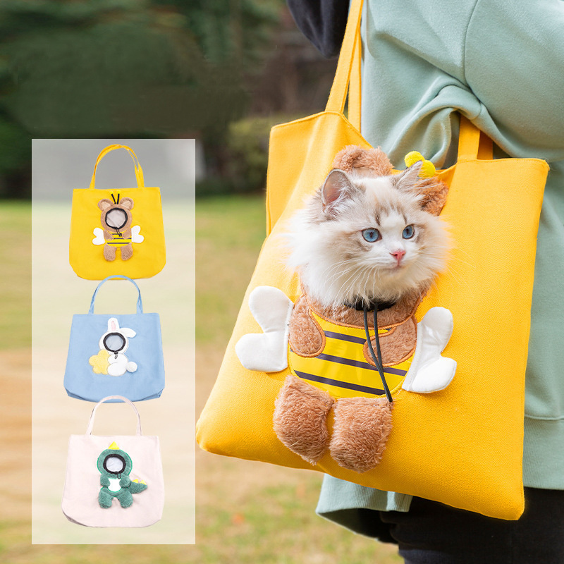 Funny Cute Creative Canvas Pet Tote Bags Yellow Bee Cat Shoulder Bag Dinosaur Rabbit Shape Head Hole Dog Cat Carrier Shop Bags