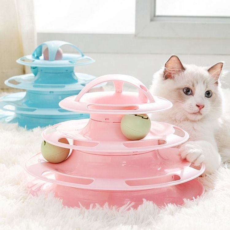 Funny Cat Toy 4 Layers Interactive Cat Toy Happy Circle Turntable Track Plastic Disk Moving Balls Pet Kitten tower