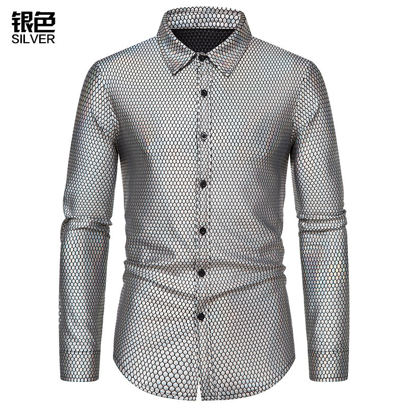 Disco clothing diamond hot gold printed long sleeve shirt European size casual shirts