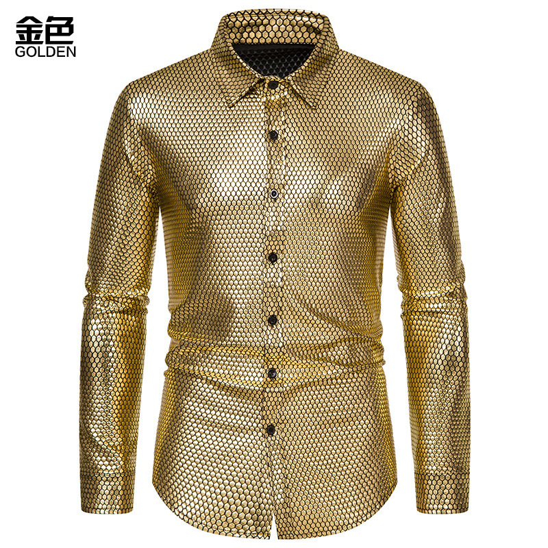 Disco clothing diamond hot gold printed long sleeve shirt European size casual shirts