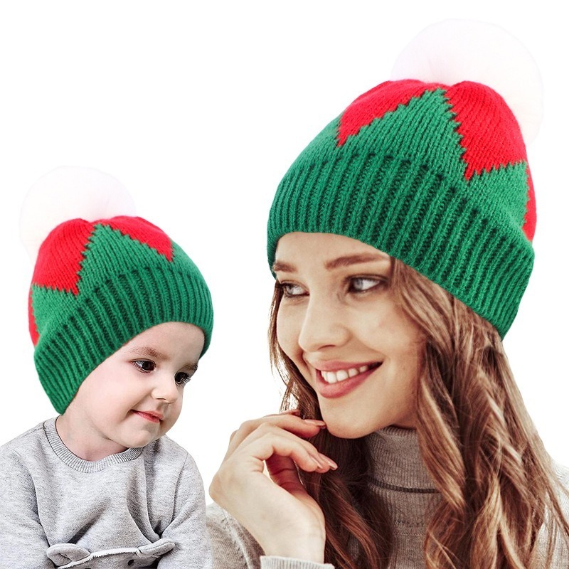 Red White Christmas Cuff Knit Hat Pom Pom Beanies for Winter Men Women Kids Adult