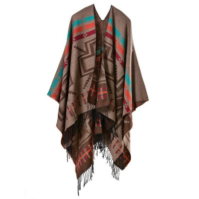 Wholesale Custom Women's Boho Open Front Poncho Knitted Plaid Shawl Wrap Cape Tassel Cardigan Sweater