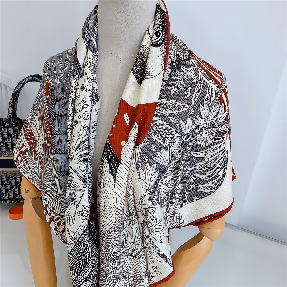 Polyester Silk Scarf 130CM Women Large Shawls Tropical Print Stoles Square Bandana Luxury Kerchief Hijab Scarf Female Foulards