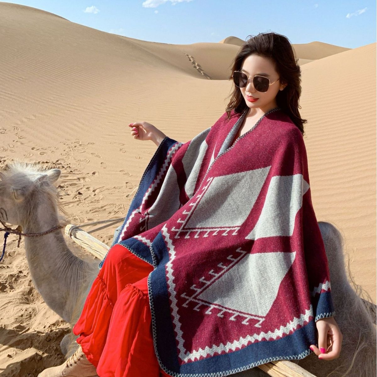 Wholesale Custom Women's Boho Open Front Poncho Knitted Plaid Shawl Wrap Cape Tassel Cardigan Sweater