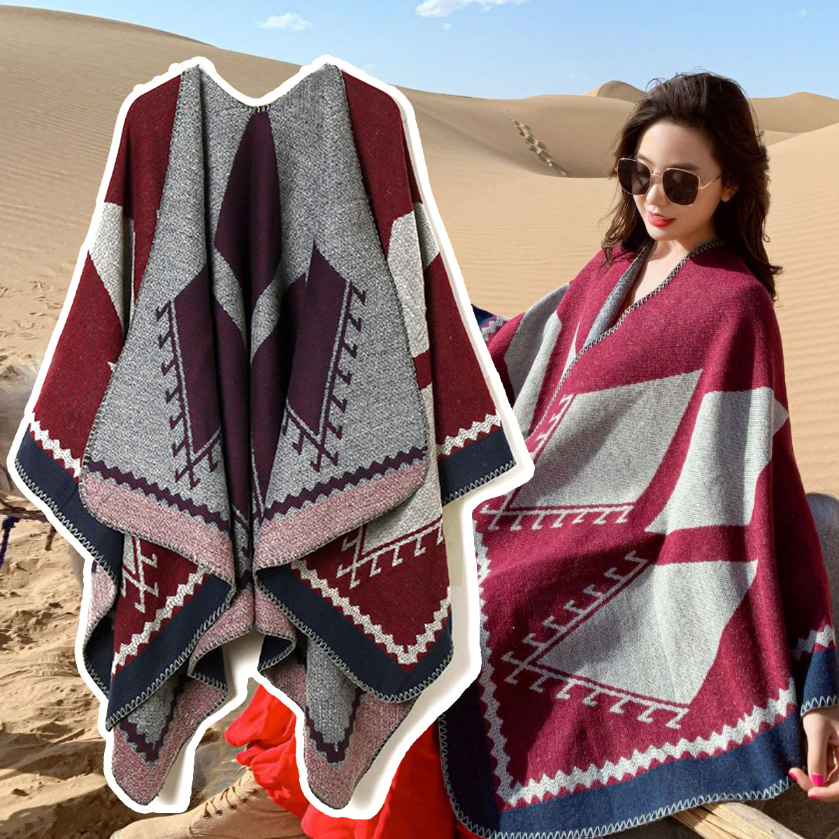 Wholesale Custom Women's Boho Open Front Poncho Knitted Plaid Shawl Wrap Cape Tassel Cardigan Sweater