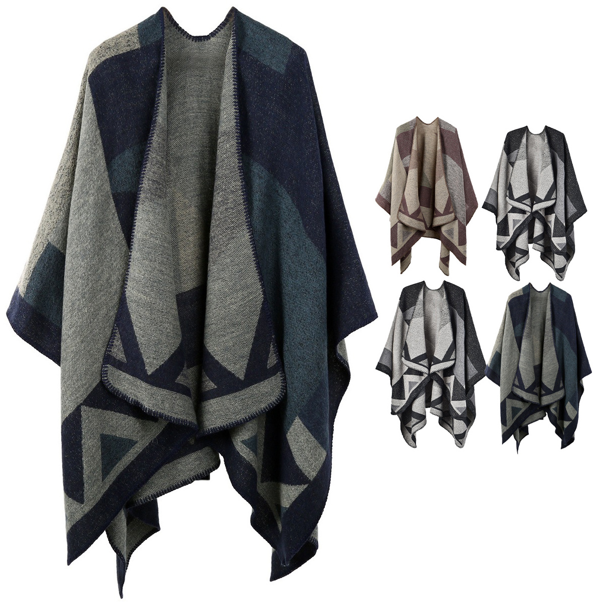 Wholesale Custom Women's Boho Open Front Poncho Knitted Plaid Shawl Wrap Cape Tassel Cardigan Sweater