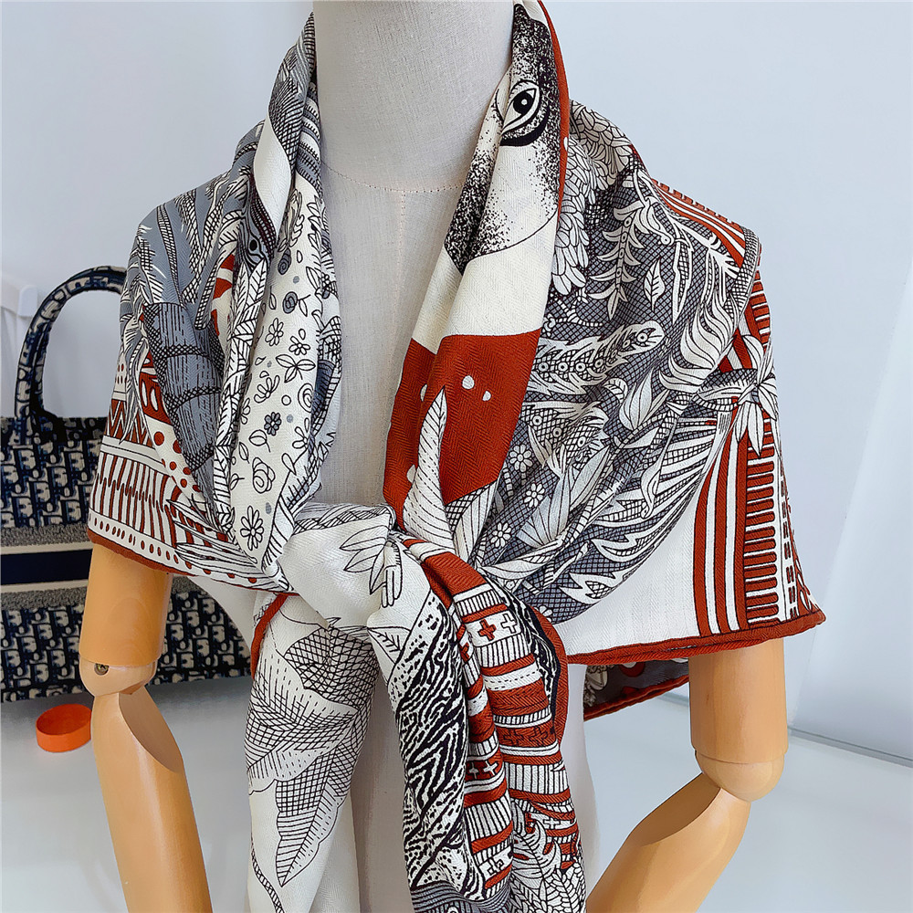 Polyester Silk Scarf 130CM Women Large Shawls Tropical Print Stoles Square Bandana Luxury Kerchief Hijab Scarf Female Foulards