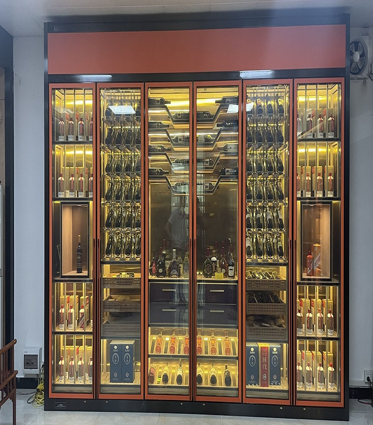 Home Electric cooler champagne display gold stainless steel metal wine bar storage glass cabinet