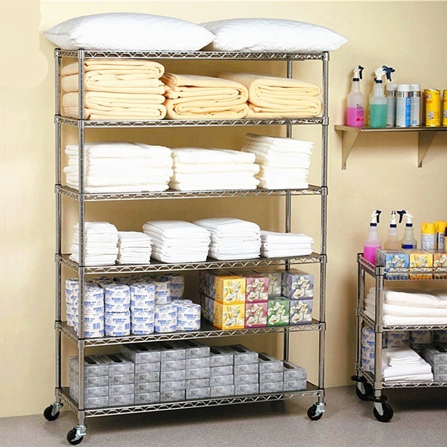 NSF Powder coated or chrome wire mesh shelving with wheels for home or display or store use