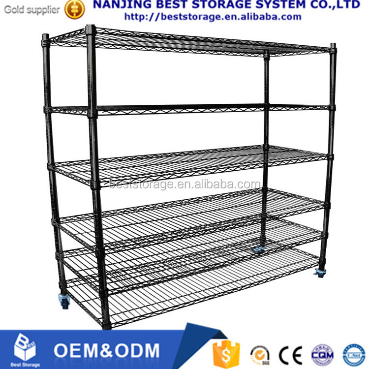 NSF Powder coated or chrome wire mesh shelving with wheels for home or display or store use