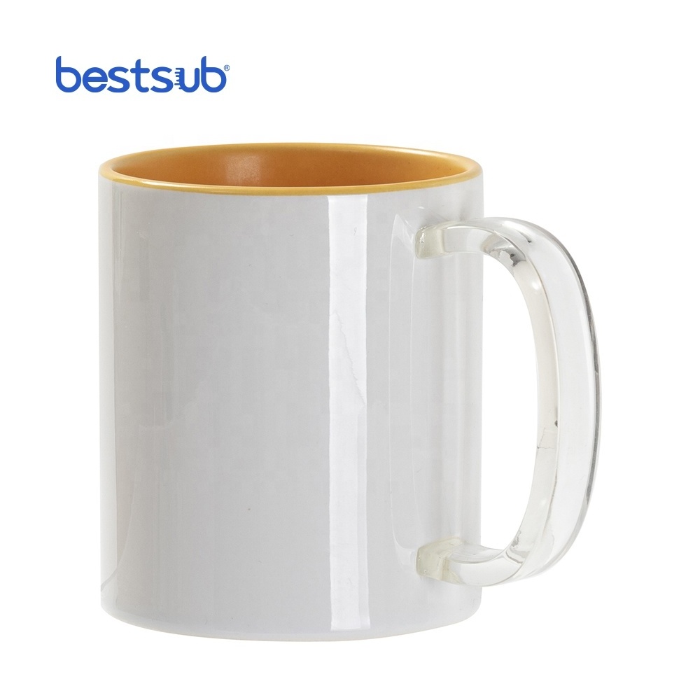 BestSub Wholesale Manufacturer 11oz Two Tone Color Mug High Quality Sublimation Ceramic Coffee Cups with Clear Glass Handle