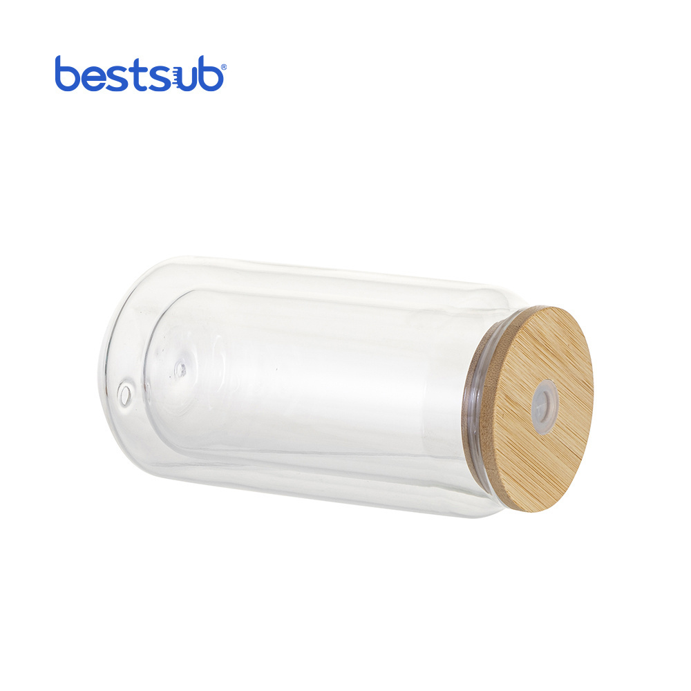 BestSub Wholesale 10oz 15oz Pre Drilled Double Wall Clear Can Jar Glass Bottle Sublimation Blanks Tumbler with Bamboo Lid