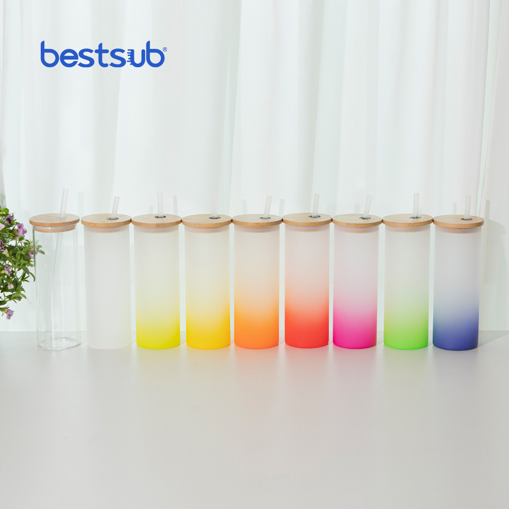 Bestsub Wholesale Sublimation Blanks Color Borosilicate Glass Tea Cup Frosted Gradient Drinking Water Glass Tumbler Bamboo Lid