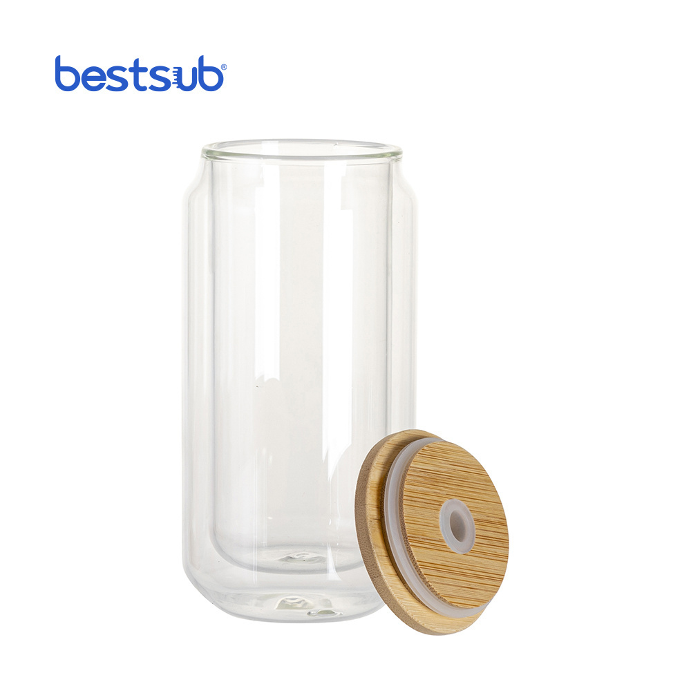 BestSub Wholesale 10oz 15oz Pre Drilled Double Wall Clear Can Jar Glass Bottle Sublimation Blanks Tumbler with Bamboo Lid