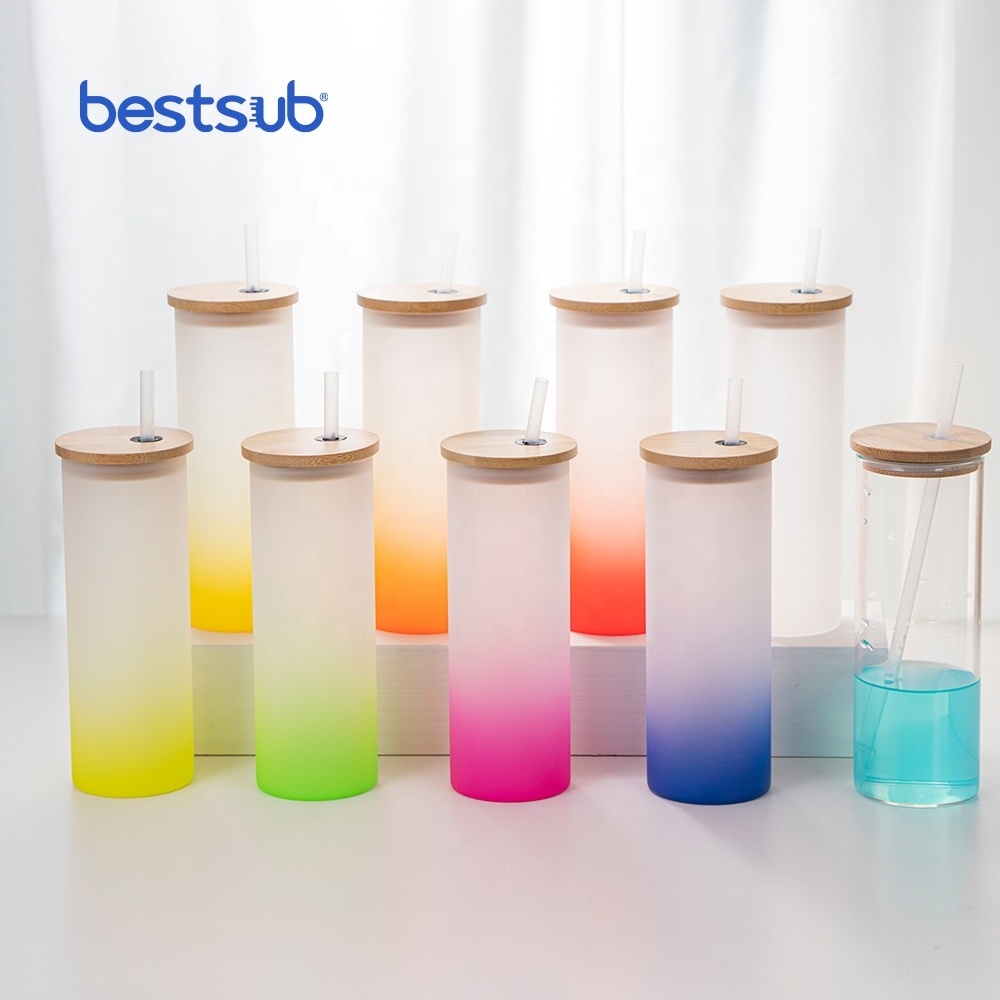 Bestsub Wholesale Sublimation Blanks Color Borosilicate Glass Tea Cup Frosted Gradient Drinking Water Glass Tumbler Bamboo Lid