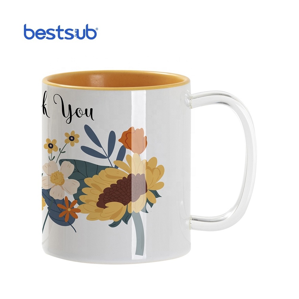 BestSub Wholesale Manufacturer 11oz Two Tone Color Mug High Quality Sublimation Ceramic Coffee Cups with Clear Glass Handle