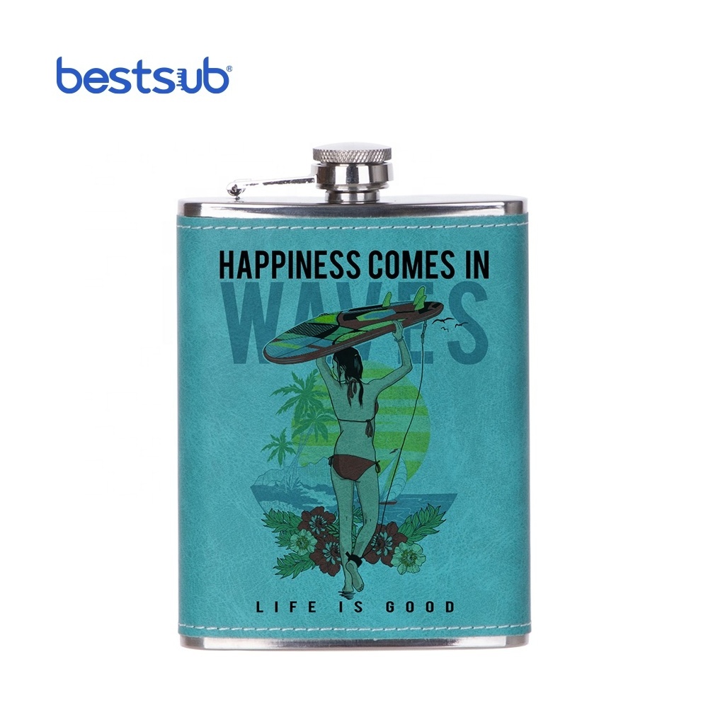 Bestsub Wholesale Supplier 8oz Colorful Custom Creative Sublimation Products Stainless Steel leather Hip Flask with PU Cover