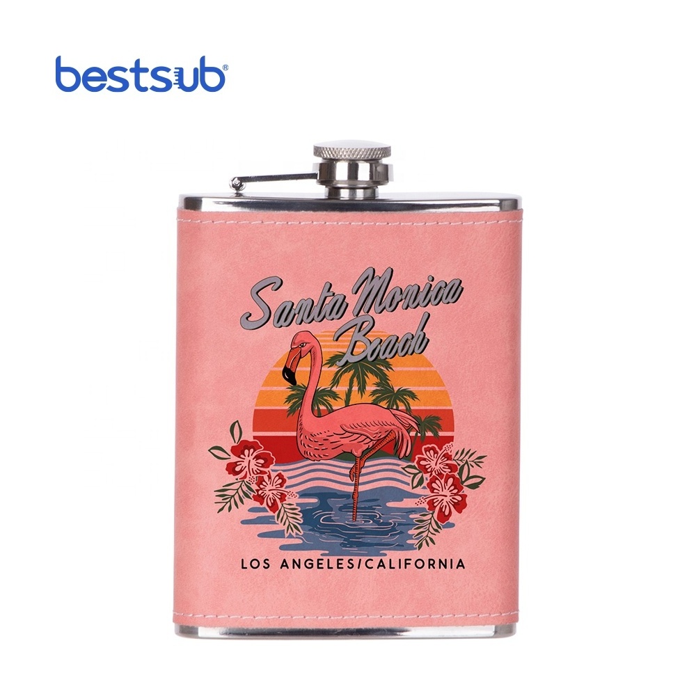 Bestsub Wholesale Supplier 8oz Colorful Custom Creative Sublimation Products Stainless Steel leather Hip Flask with PU Cover