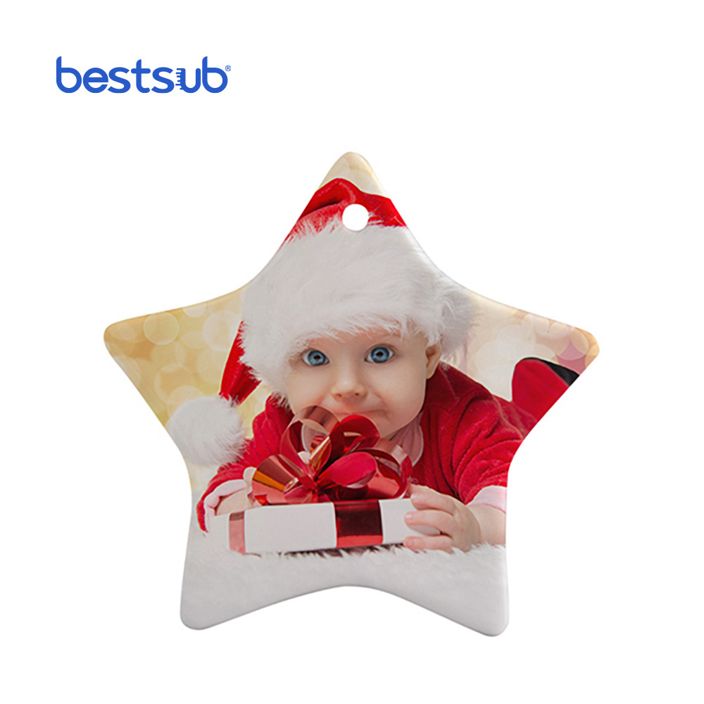 BestSub Wholesale Star With Hole Family Ornaments Sublimation Blanks Plastic Ceramic Christmas Decoration Ornament