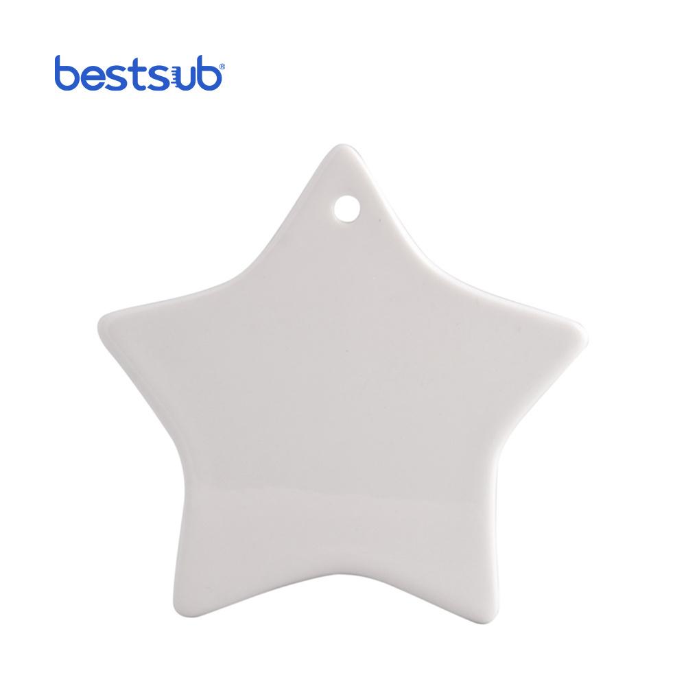 BestSub Wholesale Star With Hole Family Ornaments Sublimation Blanks Plastic Ceramic Christmas Decoration Ornament