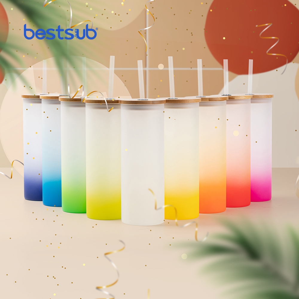 Bestsub Wholesale Sublimation Blanks Color Borosilicate Glass Tea Cup Frosted Gradient Drinking Water Glass Tumbler Bamboo Lid