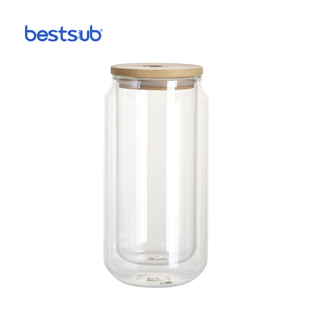 BestSub Wholesale 10oz 15oz Pre Drilled Double Wall Clear Can Jar Glass Bottle Sublimation Blanks Tumbler with Bamboo Lid