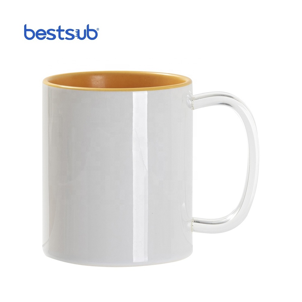 BestSub Wholesale Manufacturer 11oz Two Tone Color Mug High Quality Sublimation Ceramic Coffee Cups with Clear Glass Handle