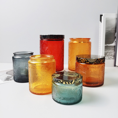 Custom Wholesale Price Luxury Home Decoration Multi-color 4 oz 6 oz 8 oz 18 oz Empty Glass Embossed Candle Jar With Lid