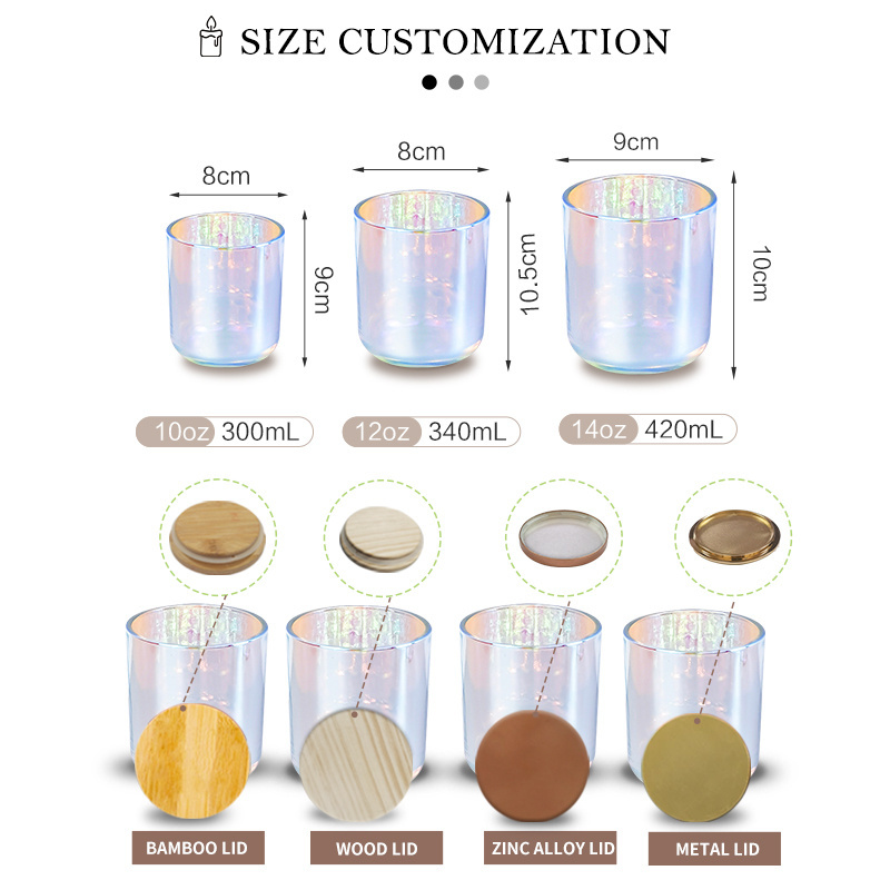 Custom Logo Wholesale Luxury Empty 10oz 12oz 14oz Fashion Iridescent Rainbow Glass Candle Jars with Lid and Box