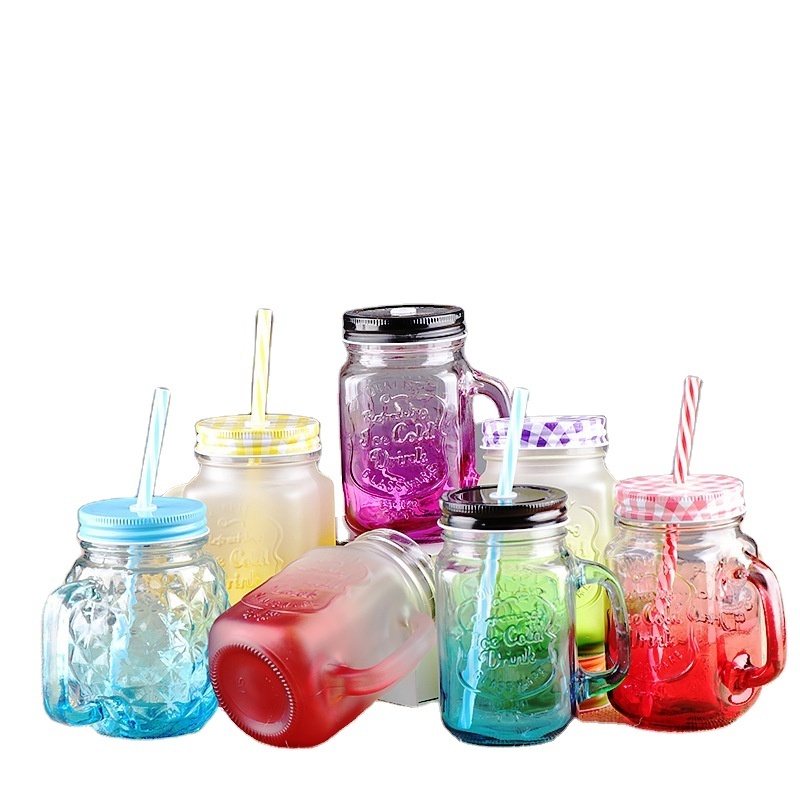 Manufacturer wholesale beverage drink storage mason jar  with handle and straw for drink