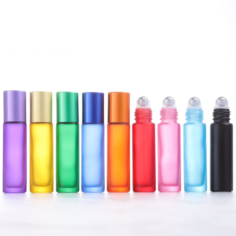 10ML Wood Grain Cap Frosted Rainbow Colors Glass Essential Oil Roller Ball Bottle Custom Round Perfume Roll On Bottle