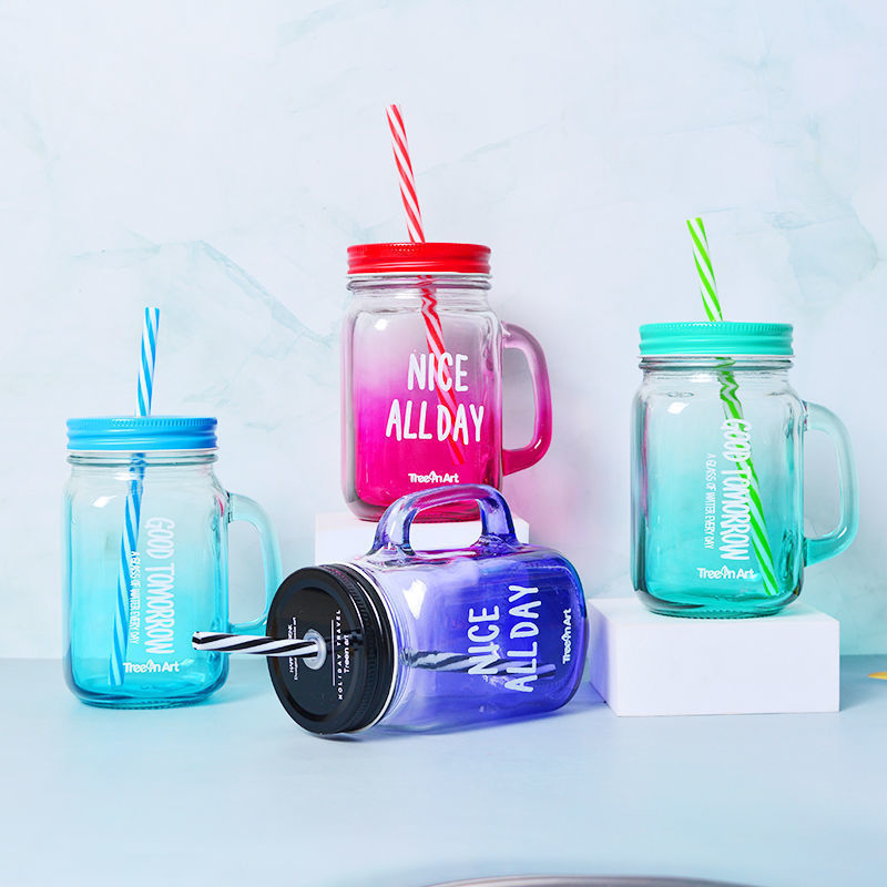 Manufacturer wholesale beverage drink storage mason jar  with handle and straw for drink