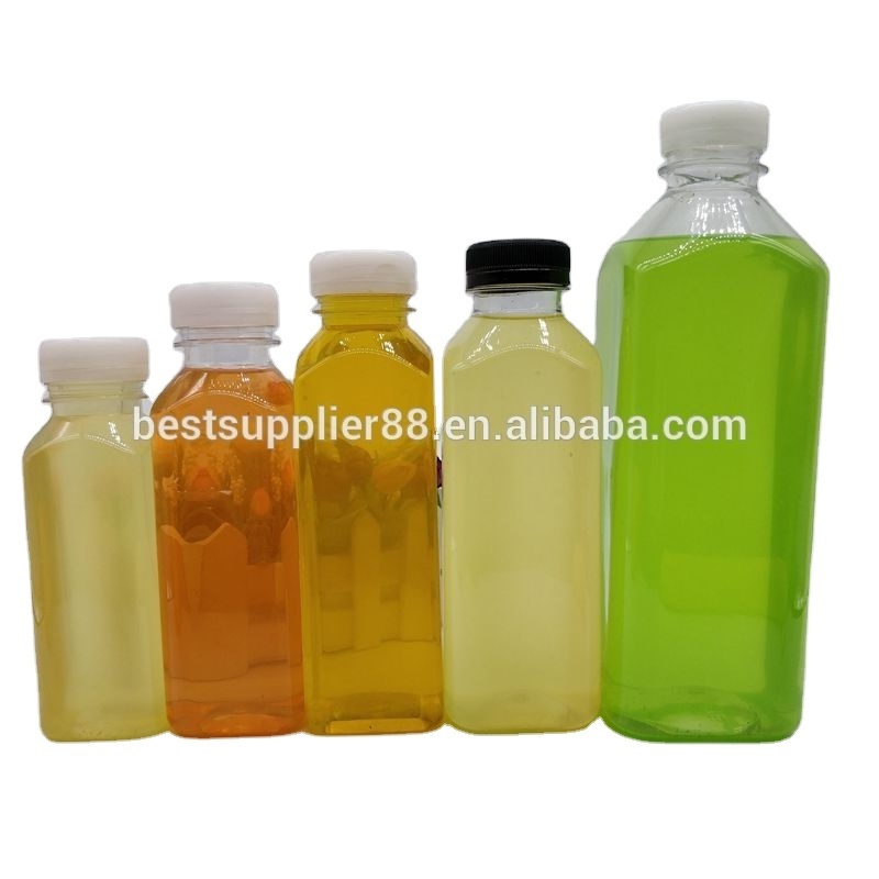 Logo printed 250ml 350ml 500ml French Square Plastic Cold Pressed Juice Bottle with Plastic lid