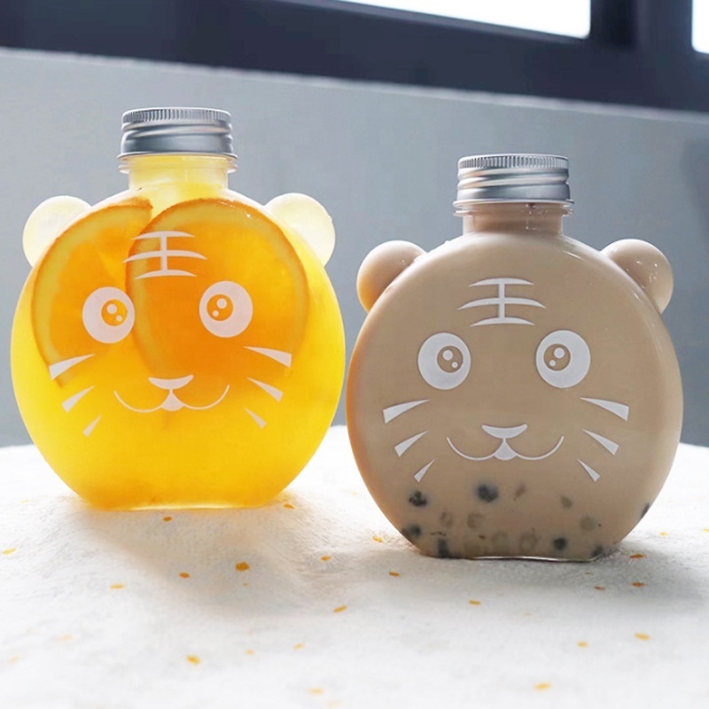 Cute Shape Empty 500ml 16oz Tiger Shape Flat Plastic PET Juice Bottle For Cold Press Juice