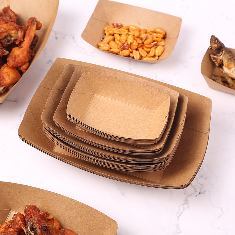 Thickened customized disposable boat shaped kraft paper fried snack box, French fries chicken chops tray with logo printing