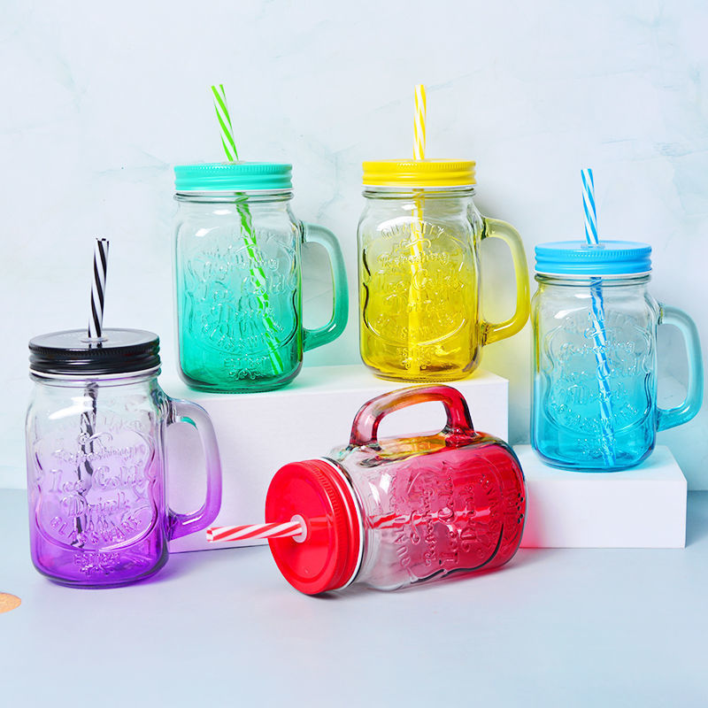 Manufacturer wholesale beverage drink storage mason jar  with handle and straw for drink