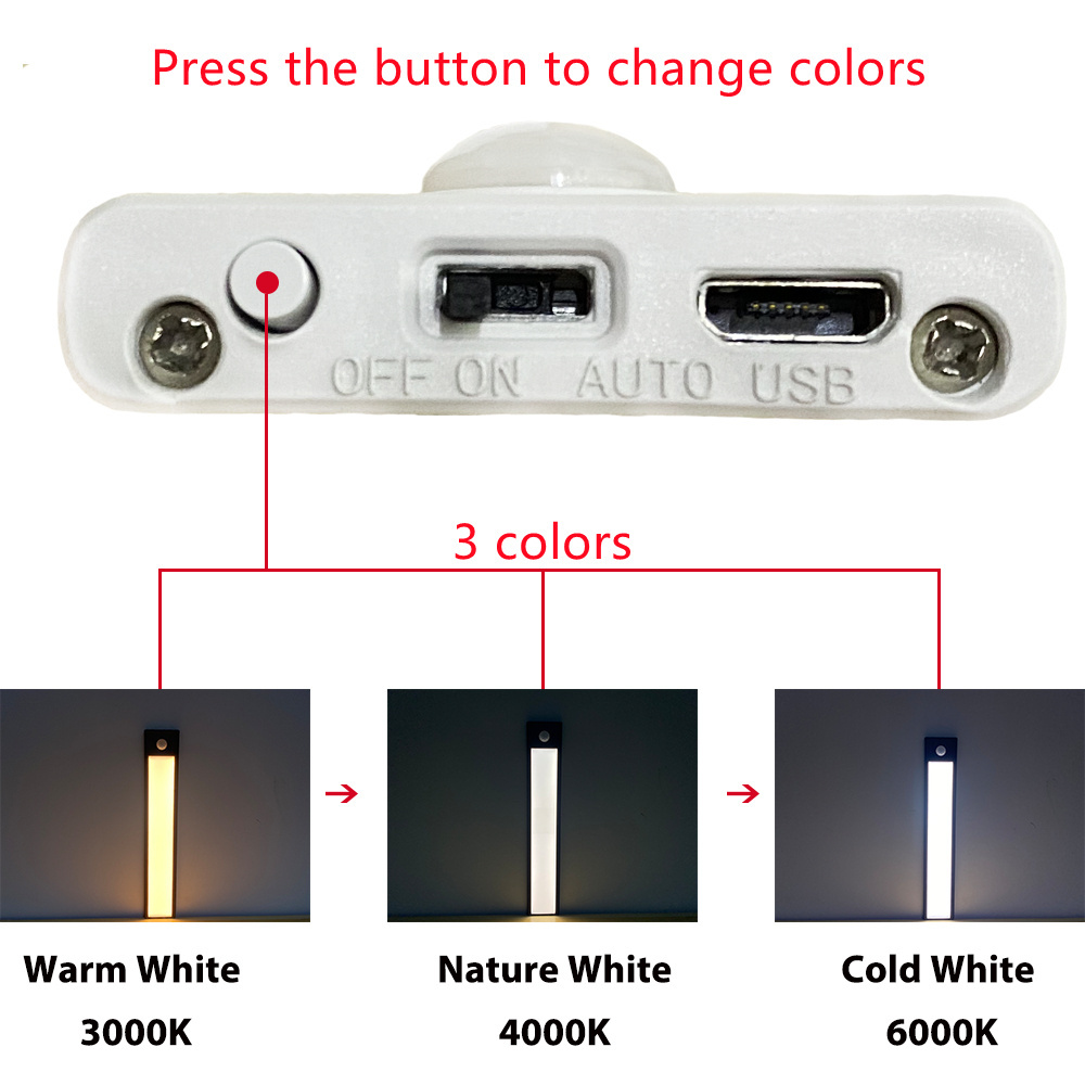 Ultra-thin Three colors in one Rechargeable LED closet Light Stepless dimming CCT adjustable PIR Motion Sensor led Cabinet Light