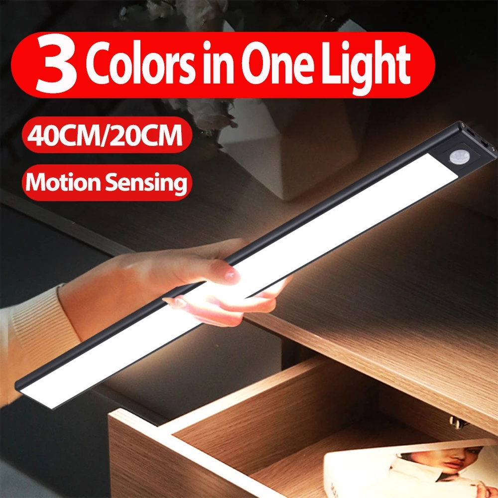 Ultra-thin Three colors in one Rechargeable LED closet Light Stepless dimming CCT adjustable PIR Motion Sensor led Cabinet Light